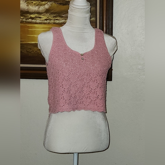 Vintage 1980s Cotton Pink Knit Sleeveless Tank Abalone Buttons by Knitmania - Picture 2 of 11